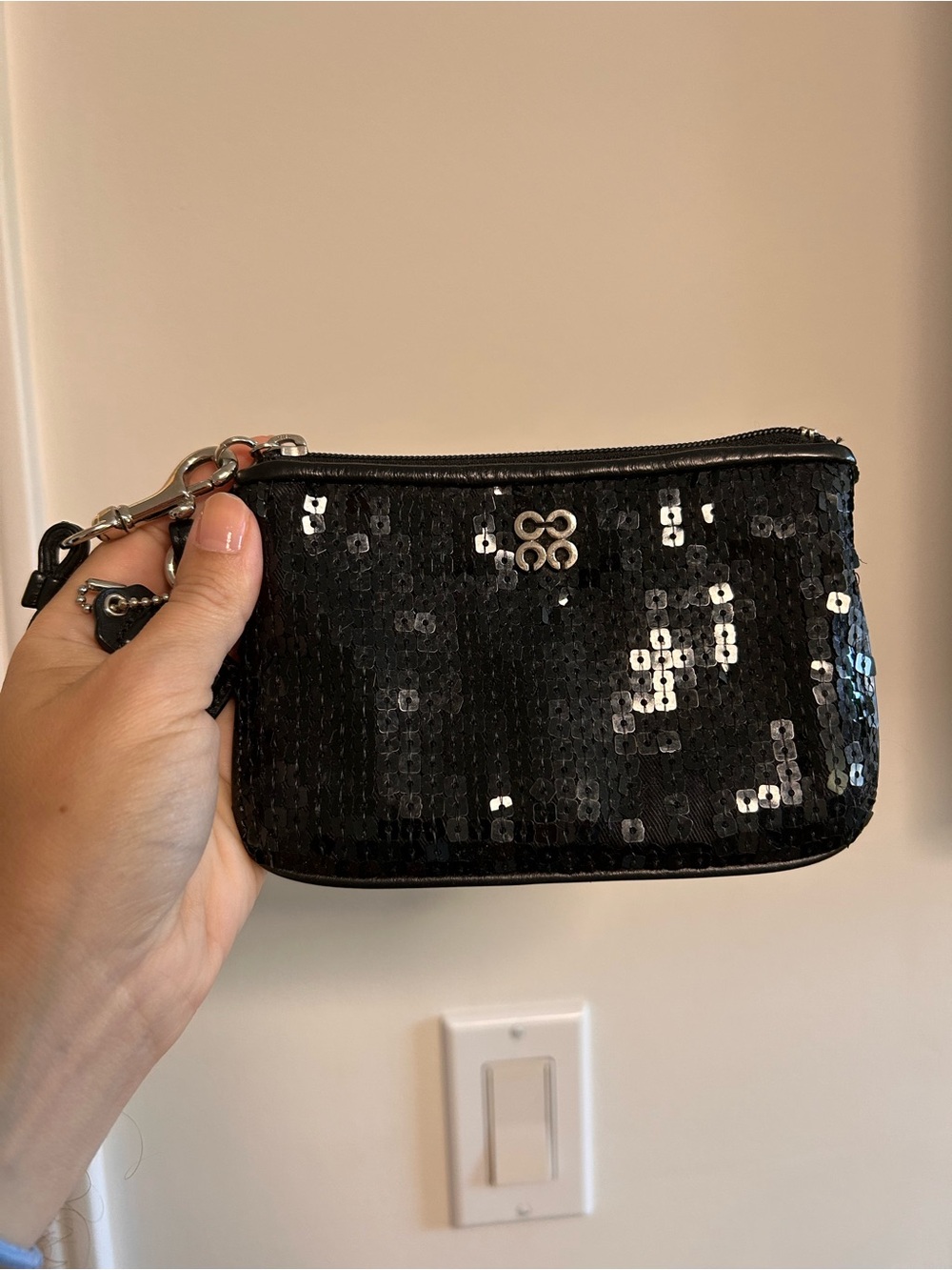 Coach Black Sequin Wristlet with Silver Hardware